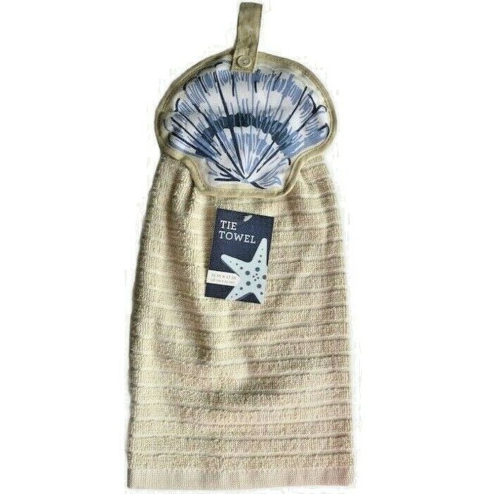 Shell Hanging Kitchen Dish Towel Set Of 2 Button Tie Beige Summer Beach House